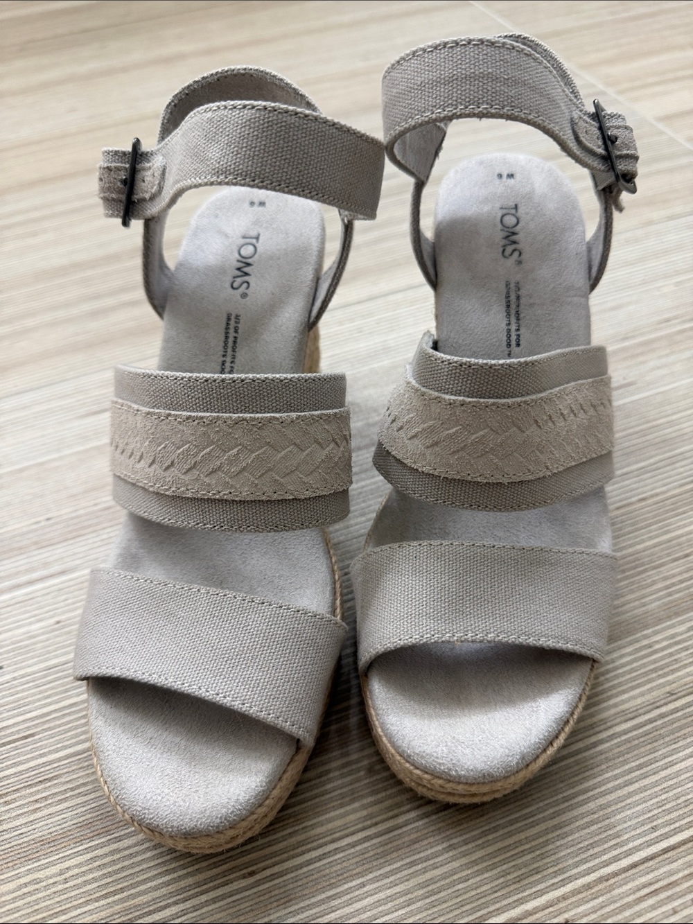 TOMS Taupe Canvas Wedge Sandals with Ankle Strap